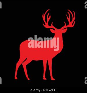 Red silhouette Rentier mit großen Hörnern auf schwarzen Hintergrund isoliert. Vector Illustration, Symbol, Clip Art, Zeichen, Symbol der Rotwild für Design. Stock Vektor