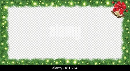 Realistische vektor Tannen rechteckigen Rand, Rahmen mit roter Schleife und Glöckchen auf transparentem Hintergrund isoliert. Mit Weihnachtsbaum Zweige Vorlage und Stock Vektor