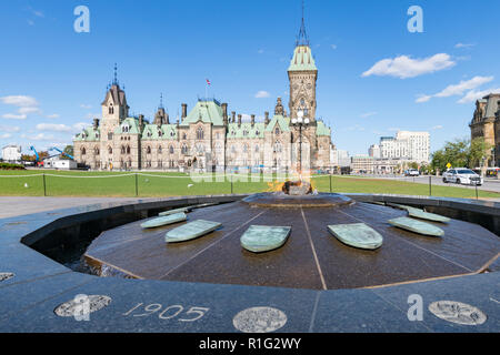 Centennial Flame und East Block, kanadischen Parlament, Ottawa, Kanada Stockfoto