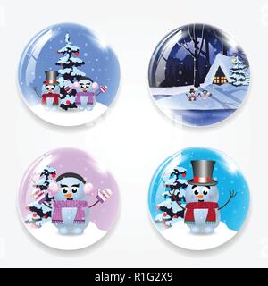 Weihnachten, Neujahr runden Glas Crystall Ball Globus mit cute cartoon Schneemann, Winter und Schnee auf weißem Hintergrund. Vector Icons, s Stock Vektor