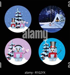 Weihnachten, Neujahr runde Schilder mit niedlichen Zeichentrickfiguren Schneemann, Winter und Schnee auf schwarzem Hintergrund. Vector Illustration, ico Stock Vektor