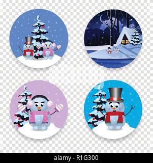 Weihnachten, Neujahr runde Zeichen gesetzt mit niedlichen Zeichentrickfiguren Schneemann, Winter und Schnee auf transparentem Hintergrund isoliert. Vector Icons, STIC Stock Vektor