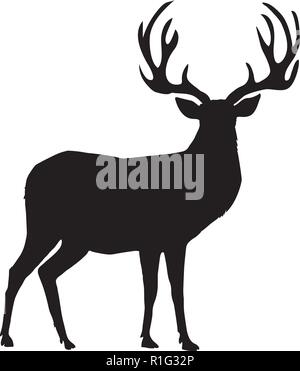 Schwarze Silhouette der Rentiere mit großen Hörnern auf weißem Hintergrund. Vector Illustration, Symbol, Clip Art, Zeichen, Symbol der Rotwild für Design. Stock Vektor