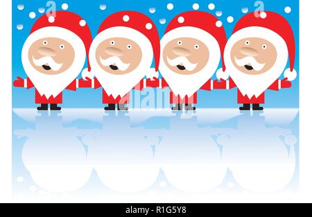 Vier Weihnachtsmänner singen und halten sich an den Händen auf blauem Hintergrund mit Schnee und Reflexionen in Eis. Stock Vektor