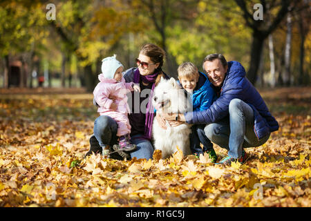 Glückliche Familie von vier auf Spaziergang mit samojeden Hund im Herbst Park Stockfoto