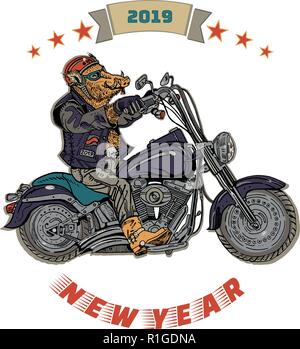 Wildschwein auf dem Motorrad. Biker, Motorradfahrer. Symbol für 2019 - Jahr des Schweins. Retro Style Abbildung mit neuen Jahr Inschrift, Motorrad Emblem sty Stock Vektor