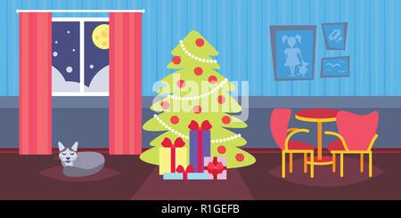 Nacht Wohnzimmer frohe Weihnachten Frohes neues Jahr Pine Tree schlafende Katze home Inneneinrichtung Winterurlaub Konzept waagrechten Stock Vektor