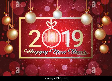 Frohe Weihnachten Frohes neues Jahr 2019 Konzept goldenen Kugeln Dekoration Grußkarte roten Hintergrund horizontal Stock Vektor