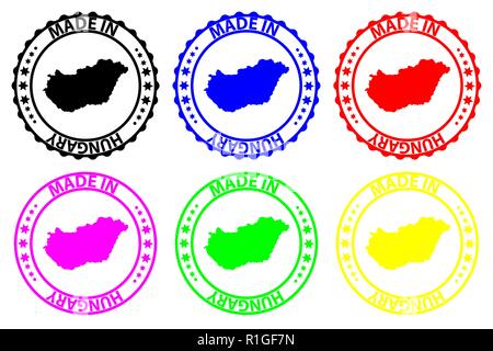 In Ungarn hergestellt - Stempel - Vektor, Ungarn Karte Muster - Schwarz, Grün, Gelb, Violett, Blau und Rot Stock Vektor