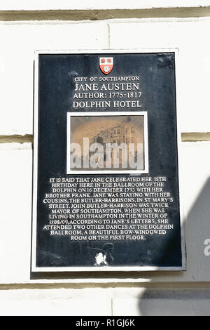 Jane Austen Plakette Teil der Jane Austen trail rund um die Altstadt von Southampton, Hampshire, England, Vereinigtes Königreich, UK, Europa Stockfoto