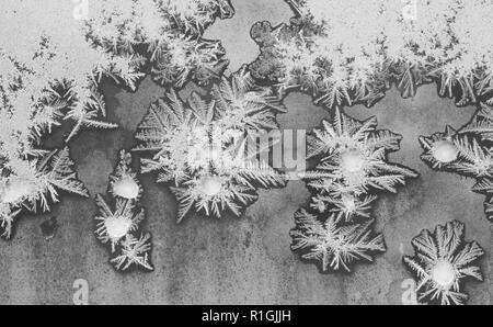 Gefrorenes Wasser auf dem Fenster schafft Silber schöne Dekoration Ornamente. Stockfoto