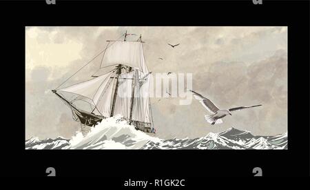 Alte Segelschiff auf rauer See - Vector Illustration Stock Vektor