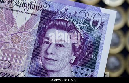 Detail Foto von Queen Elizabeth II auf zwanzig Pfund Banknote Stockfoto