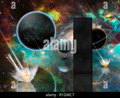 Planetengetriebe Armageddon. Massive Meteorit - Asteroid dusche Planeten zerstören. Schwarz mystischen Monolithen. 3D-Rendering Stockfoto