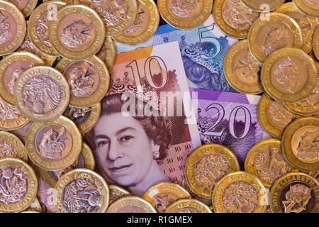 Britisches Englisch Währung, Münzen und Banknoten, Britisches Pfund Stockfoto