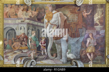Royal Elefant. Fresko von Italienischen manieristischen Malers Rosso Fiorentino (1535-1537) in der Galerie von Franz I. im Schloss von Fontainebleau (Château de Fontainebleau) in der Nähe von Paris, Frankreich. Stockfoto