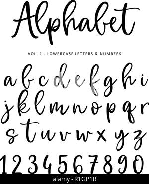 Hand gezeichnet Vektor Alphabet, Font. Einzelne Buchstaben und Zahlen mit Marker oder Tinte geschrieben. Brush Script. Stock Vektor