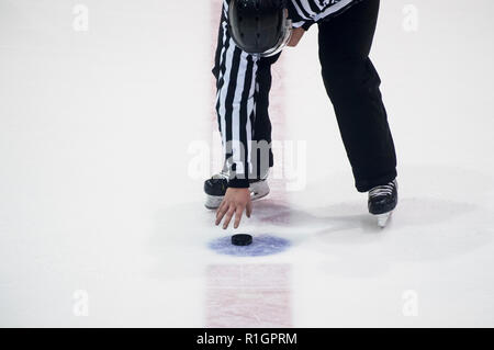 Eishockey Schiedsrichter einen Puck in der Hand. Stockfoto