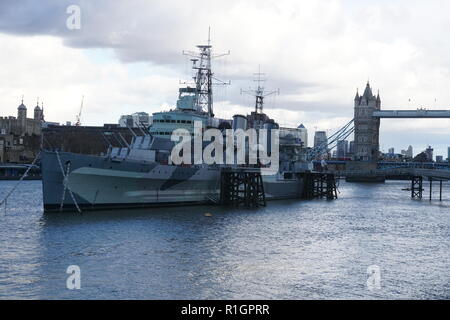 HMS Belfast Auf der Themse Stockfoto