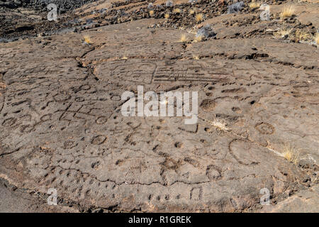 Felszeichnungen in Waikoloa Feld, auf der King's Trail ('Mamalahoa'), in der Nähe von Kona auf der grossen Insel von Hawaii. In vulkanischen Felsen. Stockfoto