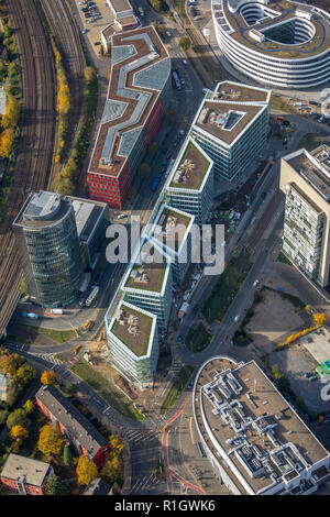 Luftaufnahme, FLOAT, Düsseldorf, Neubau von Büro- und Geschäftshaus 'Float' WITTE Projektmanagement, Düsseldorf media Port, Francis St Stockfoto