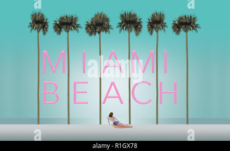 Hohe Palmen und ein Sonnenanbeter auf einem weißen Sandstrand der Szene für das Reiseziel Miami Beach. Dies ist eine Abbildung. Stockfoto