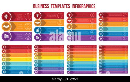 Vorlagen Infografiken aus Streifen, Pfeile, Kreise Business Konzept für 3,4,5,6,7,8,9,10 Positionen. Stock Vektor