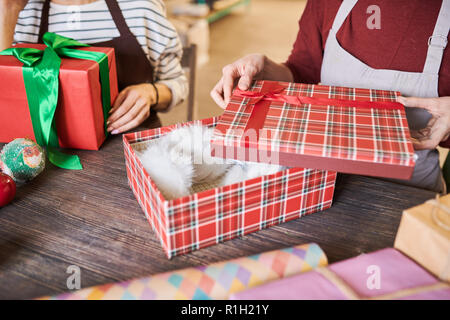 Close up Portrait von zwei lächelnde Frauen packen Weihnachtsgeschenke in Speichern, Kopieren Raum Stockfoto