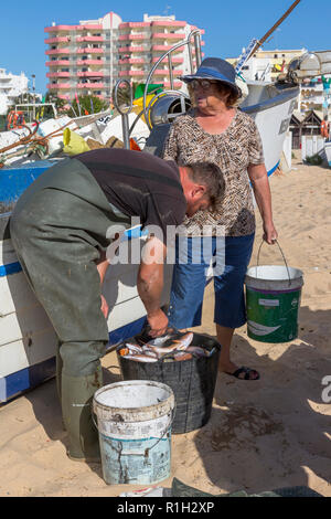 Lokale fischer Verkauf frisch gefangenen Fisch, am Strand von Monte Gordo, Algarve, Portugal Stockfoto