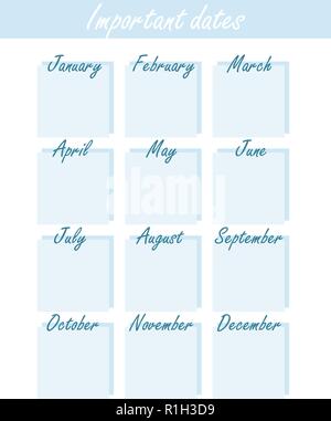 Kalender mit Geburtstagen und anderen Veranstaltungen in einem minimalistischen Form. Universal blau stilvolle Kalender wichtige Termine. Stock Vektor