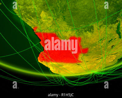 Angola über grünes Modell des Planeten Erde mit Netzwerk für digitale Zeitalter, Reisen und Kommunikation. 3D-Darstellung. Elemente dieses Bild liefern Stockfoto