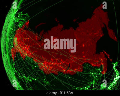 Russland aus dem Weltraum auf grün Modell der Erde mit internationalen Netzwerken. Konzept der grünen Kommunikation oder Reisen. 3D-Darstellung. Elemente dieser Ima Stockfoto