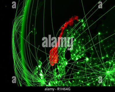 Norwegen von Speicherplatz auf grün Modell der Erde mit internationalen Netzwerken. Konzept der grünen Kommunikation oder Reisen. 3D-Darstellung. Elemente dieser Ima Stockfoto
