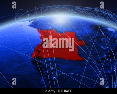 Angola auf Blau digital Planet Erde mit internationalen Netzwerk für Kommunikation, Reisen und Verbindungen. 3D-Darstellung. Elemente dieser i Stockfoto