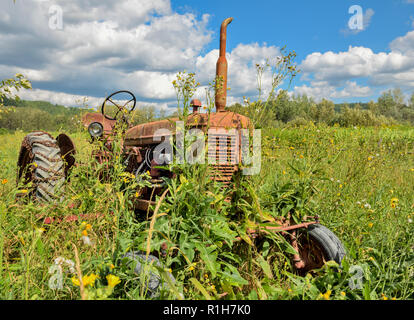 Alten Traktor an der Grenze von einem verlassenen Bauernhof gefunden Stockfoto