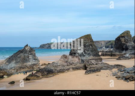 Blick auf den Strand bei Bedruthan Steps in Cornwall, England, Großbritannien Stockfoto