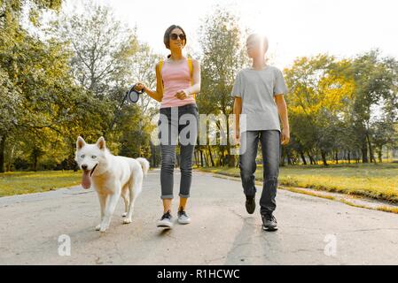 Kinder und jugendliche Jungen und Mädchen zu Fuß auf der Straße in den Park mit einem weißen Hund husky. Stockfoto