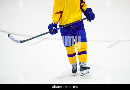 Hockey Player mit Stick auf dem Eis. Stockfoto