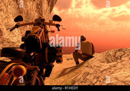 Mann Reiter mit Motorrad auf der Oberseite der Berge bei Sonnenuntergang - 3D-Rendering Stockfoto