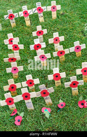 Mohnblumen auf kleine hölzerne Kreuze angebracht Stockfoto