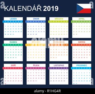 Tschechische Kalender für 2019. Scheduler, Agenda oder Tagebuch Vorlage. Woche beginnt am Montag Stock Vektor