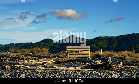 Ein Sitz aus Treibholz auf einen Kiesstrand an der Ostküste von Neuseeland Stockfoto