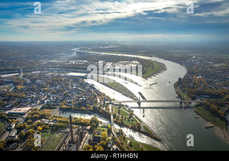 Luftaufnahme, Ruhr Mündung, Rhein-Herne-Kanal, Rhein, Orange, Fluss, Estuary, Ruhr, Rhein, Ruhr, Homberger Brücke, Hintergrundbeleuchtung, Ebbe, Wasser refl Stockfoto