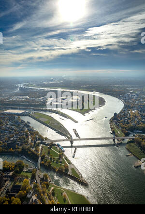 Luftaufnahme, Ruhr Mündung, Rhein-Herne-Kanal, Rhein, Orange, Fluss, Estuary, Ruhr, Rhein, Ruhr, Homberger Brücke, Hintergrundbeleuchtung, Ebbe, Wasser refl Stockfoto