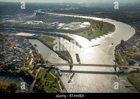 Luftaufnahme, Ruhr Mündung, Rhein-Herne-Kanal, Rhein, Orange, Fluss, Estuary, Ruhr, Rhein, Ruhr, Homberger Brücke, Hintergrundbeleuchtung, Ebbe, Wasser refl Stockfoto