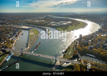 Luftaufnahme, Ruhr Mündung, Rhein-Herne-Kanal, Rhein, Orange, Fluss, Estuary, Ruhr, Rhein, Ruhr, Homberger Brücke, Hintergrundbeleuchtung, Ebbe, Wasser refl Stockfoto