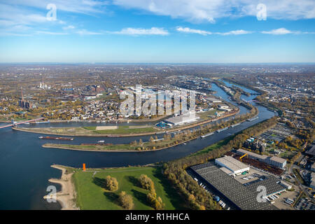 Luftaufnahme, Ruhr Mündung, Rhein-Herne-Kanal, Rhein, Orange, Fluss, Estuary, Ruhr, Rhein, Ruhr, Homberger Brücke, Hintergrundbeleuchtung, Ebbe, Wasser refl Stockfoto