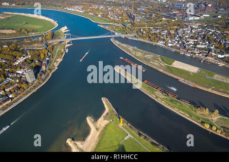 Luftaufnahme, Ruhr Mündung, Rhein-Herne-Kanal, Rhein, Orange, Fluss, Estuary, Ruhr, Rhein, Ruhr, Homberger Brücke, Hintergrundbeleuchtung, Ebbe, Wasser refl Stockfoto