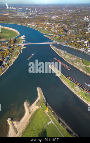 Luftaufnahme, Ruhr Mündung, Rhein-Herne-Kanal, Rhein, Orange, Fluss, Estuary, Ruhr, Rhein, Ruhr, Homberger Brücke, Hintergrundbeleuchtung, Ebbe, Wasser refl Stockfoto