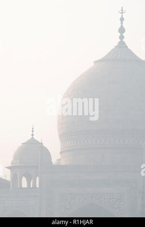 Die grazilen Bögen von der Kuppel der prächtige Taj Mahal die Wunder der Welt und der Stolz von Indien aus weißem Marmor im Winter morgens Haze gemacht Stockfoto